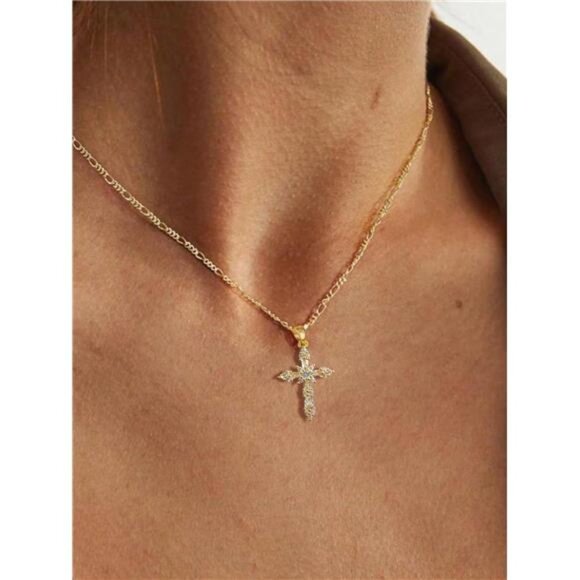 14K Gold Plated  Cross Pendant Necklace Dainty Gold - Picture 1 of 13